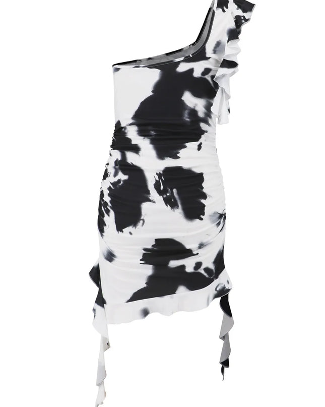 Ruffled Tie-Dye Single Shoulder Mini Dress