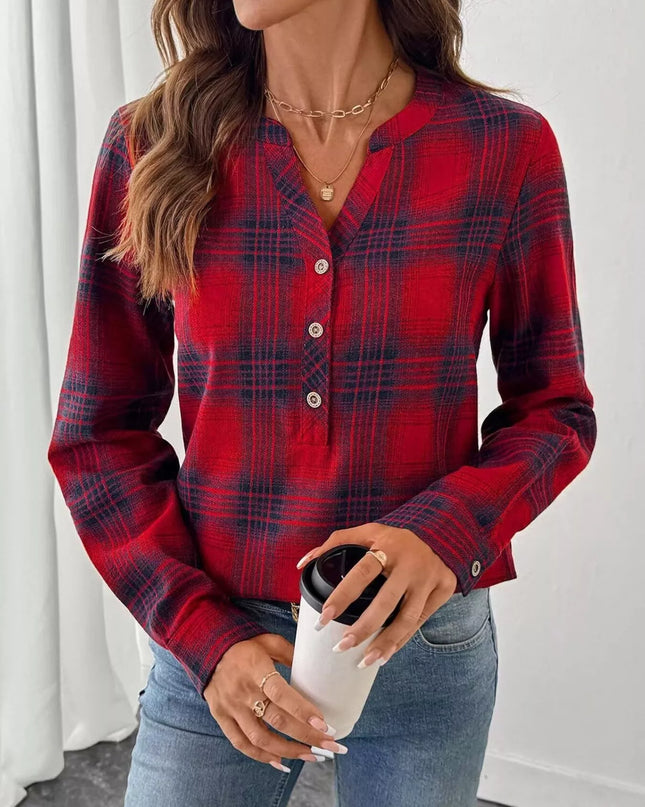 Plaid Half Button Long Sleeve Blouse