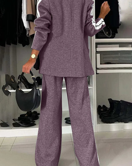 Full Size Contrast Lapel Collar Top and Pants Set