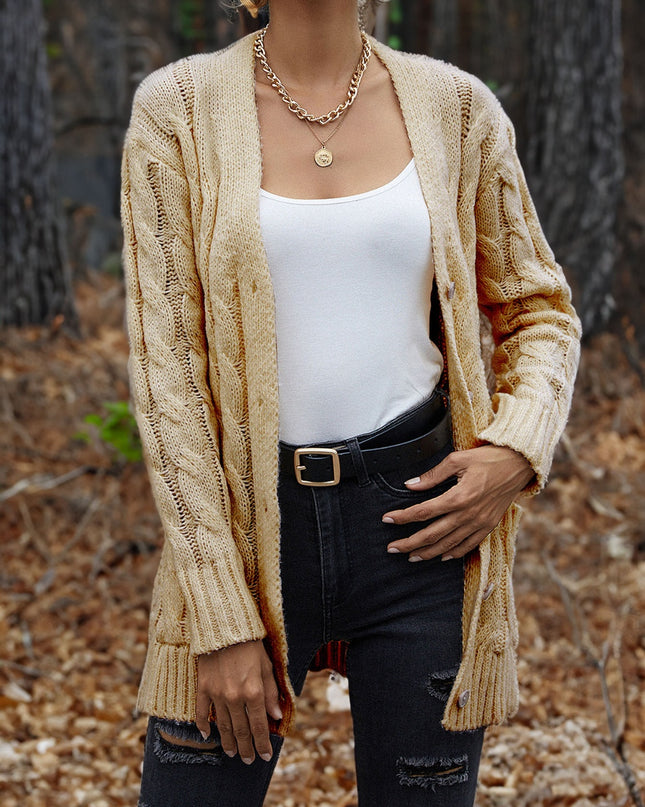 Cable-Knit Button Down Cardigan Pastel Yellow