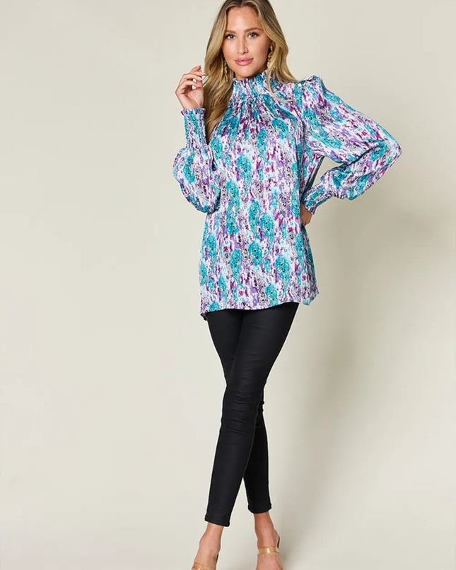 Double Take Full Size Printed Smocked Long Sleeve Blouse