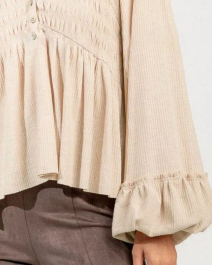 Notched Balloon Sleeve Peplum Blouse