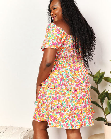 Devine Smocked Sweetheart Neck Flounce Sleeve Mini Dress