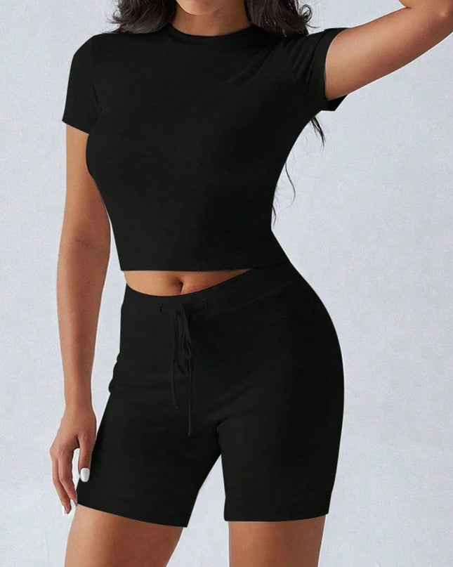 Round Neck Short Sleeve Top and Shorts Set Black