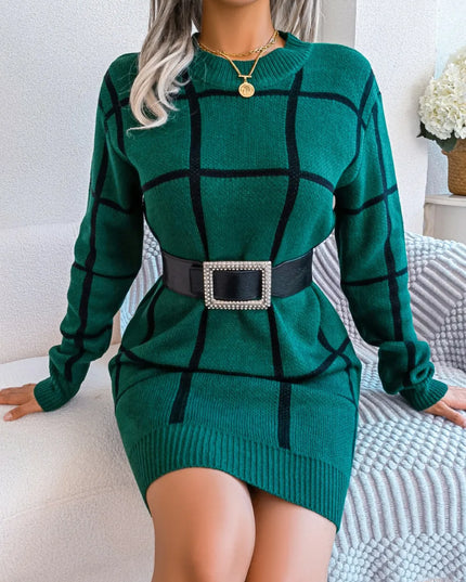 Plaid Round Neck Dropped Shoulder Sweater Dress