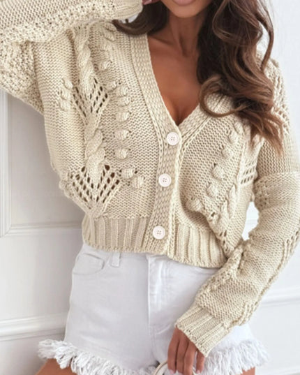 Chunky Cropped Button-Up Sweater Cardigan Beige
