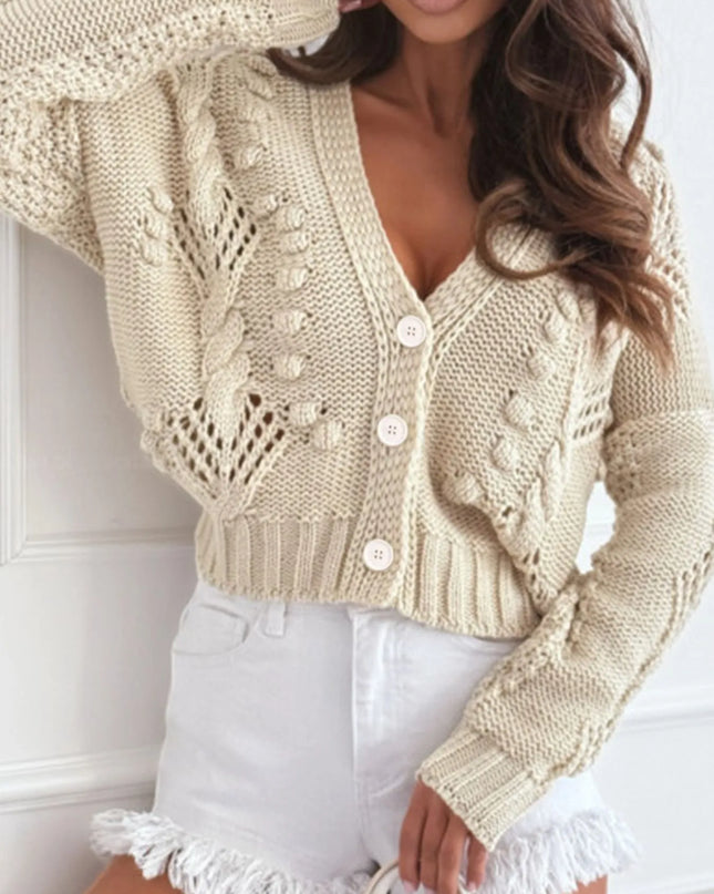 Chunky Cropped Button-Up Sweater Cardigan Beige