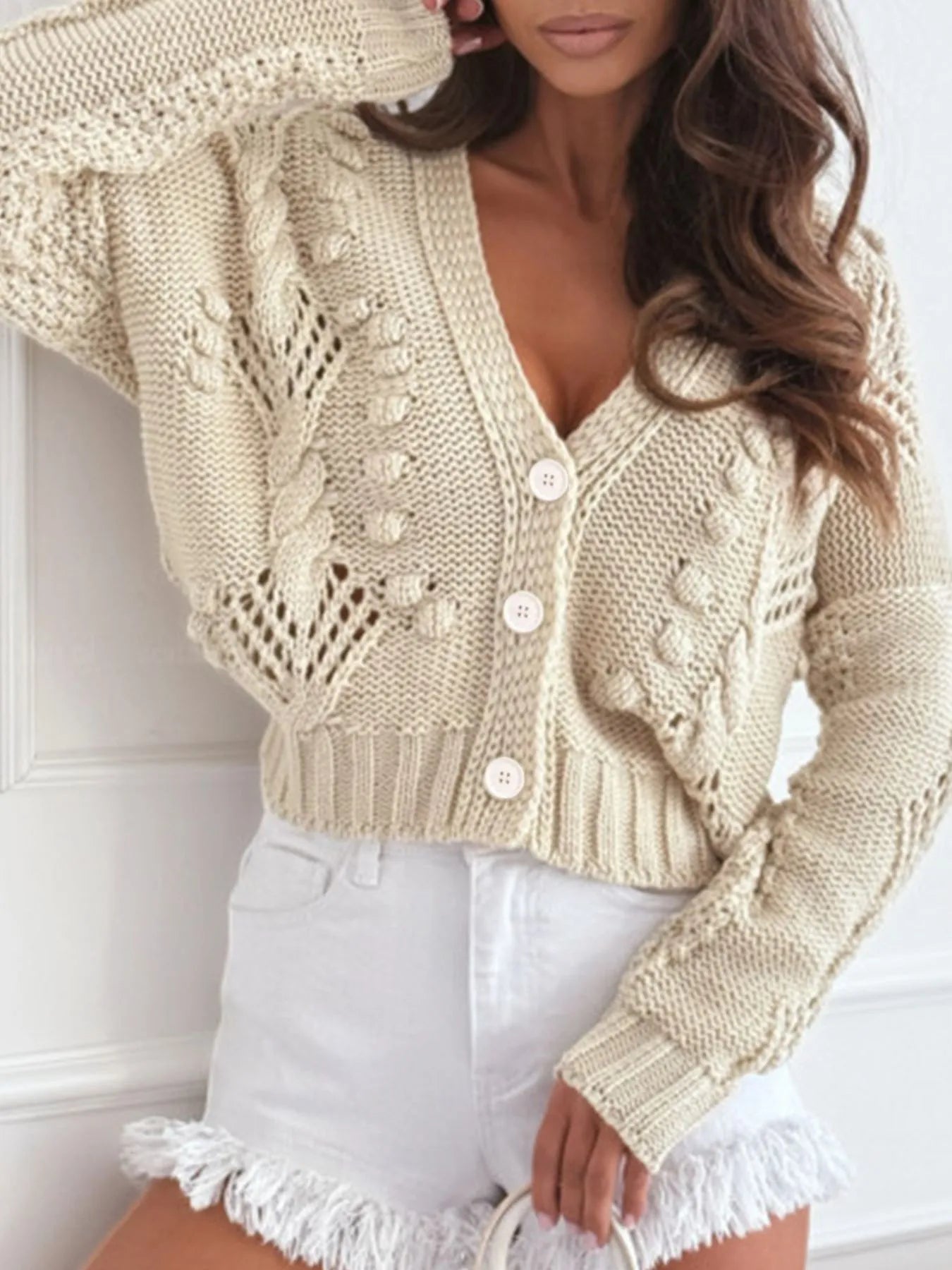 Chunky Cropped Button-Up Sweater Cardigan Beige