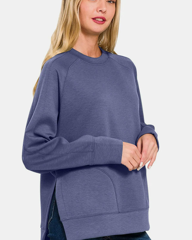Zenana Scuba Round Neck Side Slit Sweatshirt