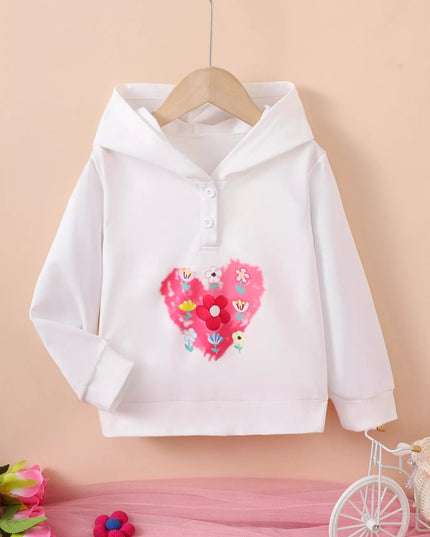 Children's Floral Heart Graphic Buttoned Hoodie Gray white