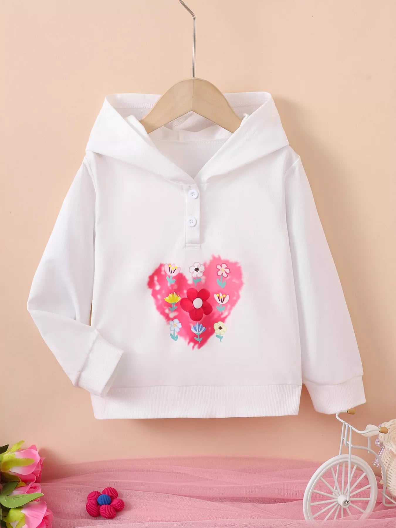 Children's Floral Heart Graphic Buttoned Hoodie Gray white