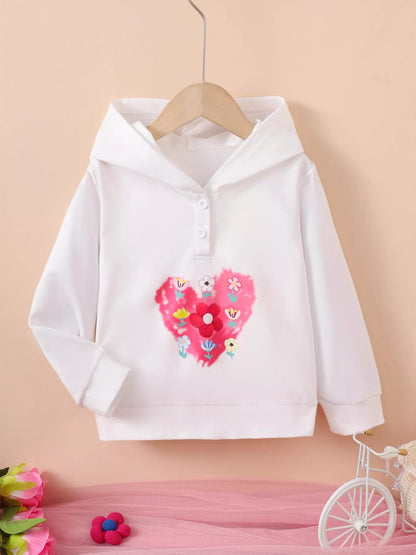 Children's Floral Heart Graphic Buttoned Hoodie Gray white