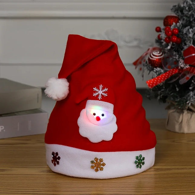 2 Pieces Hot Selling Christmas Cartoon Santa Claus Hat With Lights Red Non-woven Fabric Christmas Gift Adult Cartoon Non-woven Brushed Christmas Hat For The Elderly