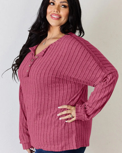 Basic Bae Full Size Ribbed Half Button Long Sleeve T-Shirt
