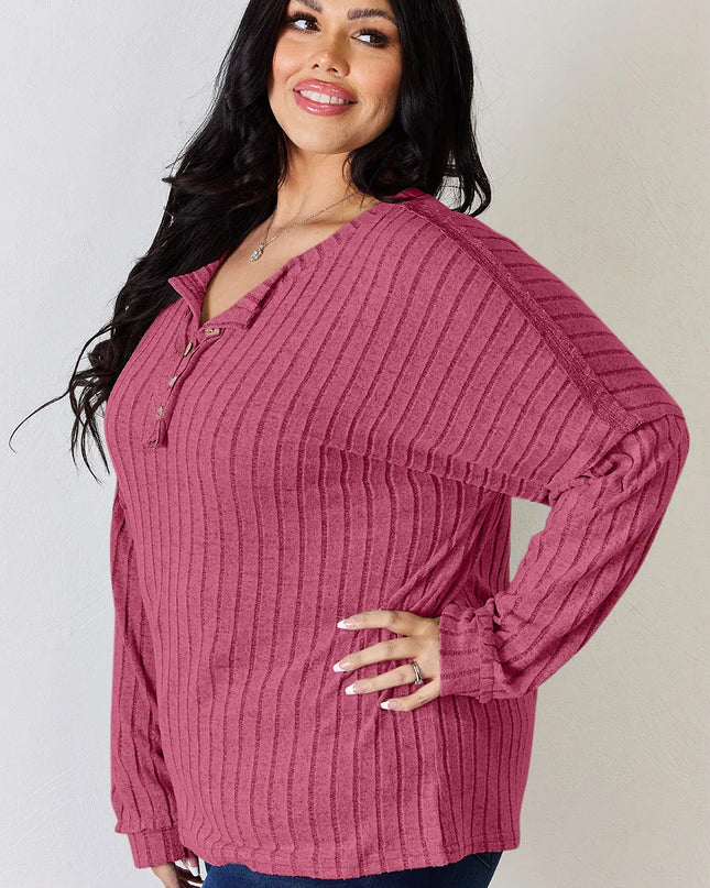 Basic Bae Full Size Ribbed Half Button Long Sleeve T-Shirt