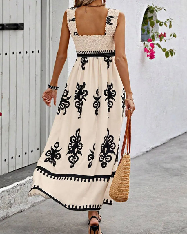 Smocked Printed Wide Strap Maxi Dress 