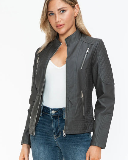 Snobbish Faux Leather Zip Up Mock Neck Jacket