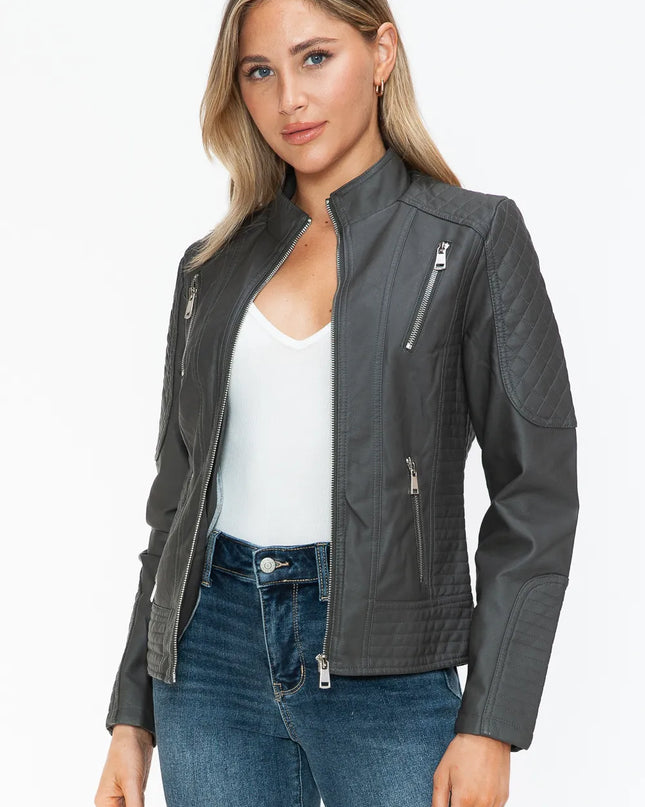Snobbish Faux Leather Zip Up Mock Neck Jacket