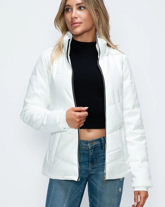 How Dare U Pocketed Zip Up Puffer Jacket with Removable Hood