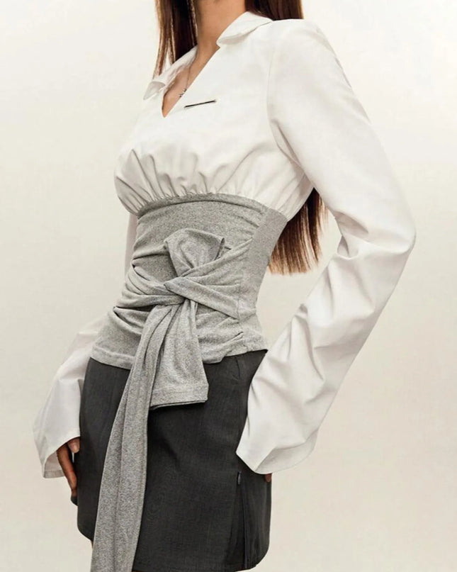 Long Sleeve Tie Front Blouse 