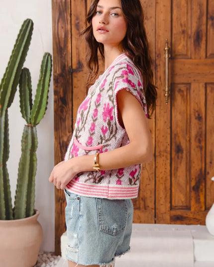 SO ME Button Front Floral and Stripe Knitted Sweater Vest