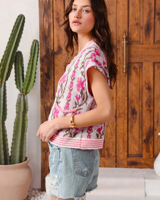 SO ME Button Front Floral and Stripe Knitted Sweater Vest