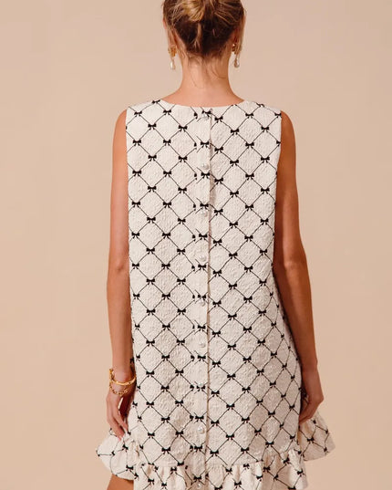 SO ME Texture Bow Printed Mini Ruffle Dress