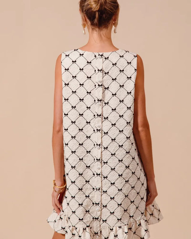 SO ME Texture Bow Printed Mini Ruffle Dress