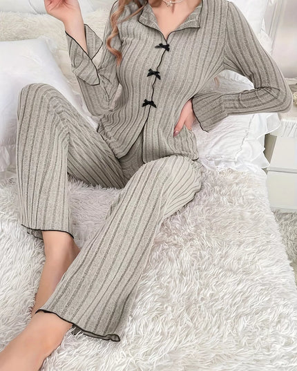 Ribbed Bow Front Top and Pants Lounge Set