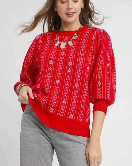 Umgee Jacquard Knit Puff Sleeve Sweater Red