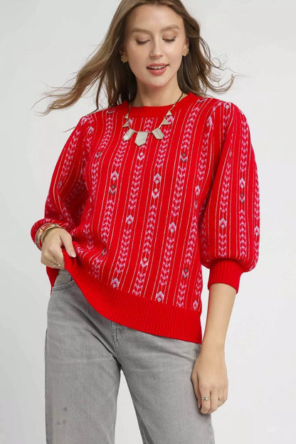 Umgee Jacquard Knit Puff Sleeve Sweater Red