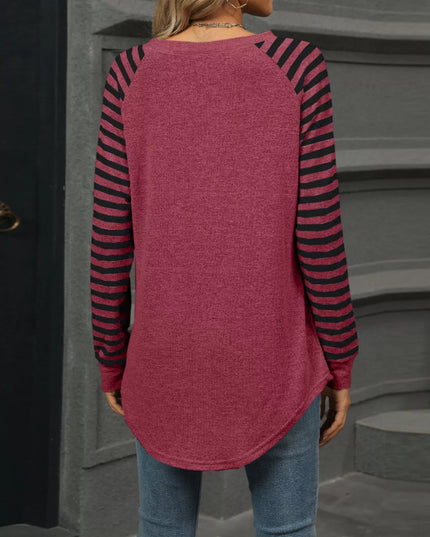 Striped Round Neck Raglan Sleeve T-Shirt