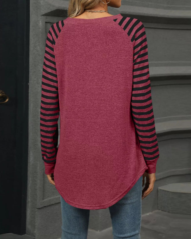 Striped Round Neck Raglan Sleeve T-Shirt