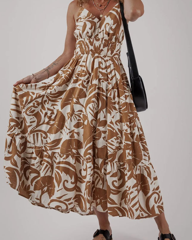 Floral Shirred High Waist Spaghetti Straps Dress