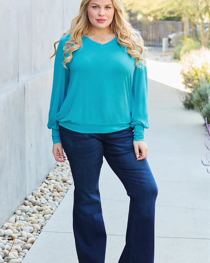 Basic Bae Full Size V-Neck Lantern Sleeve Top
