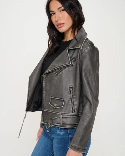 Coalition LA Zip Up Biker Jacket with Belt Black