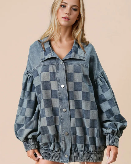 Double Take Checkered Button Up Denim Jacket Medium