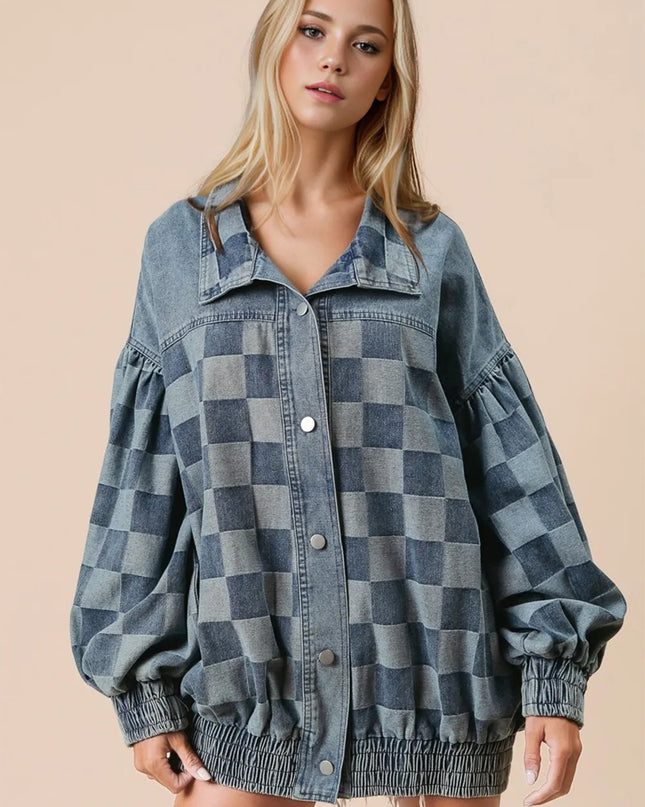 Double Take Checkered Button Up Denim Jacket Medium