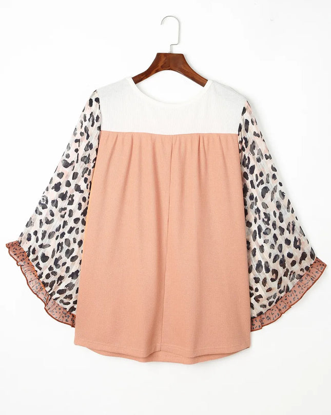 Plus Size Leopard Ruffle Trim Long Sleeve Blouse