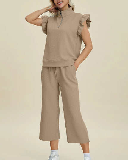 Double Take Full Size Texture Ruffle Short Sleeve Top and Wide Leg Pants Set