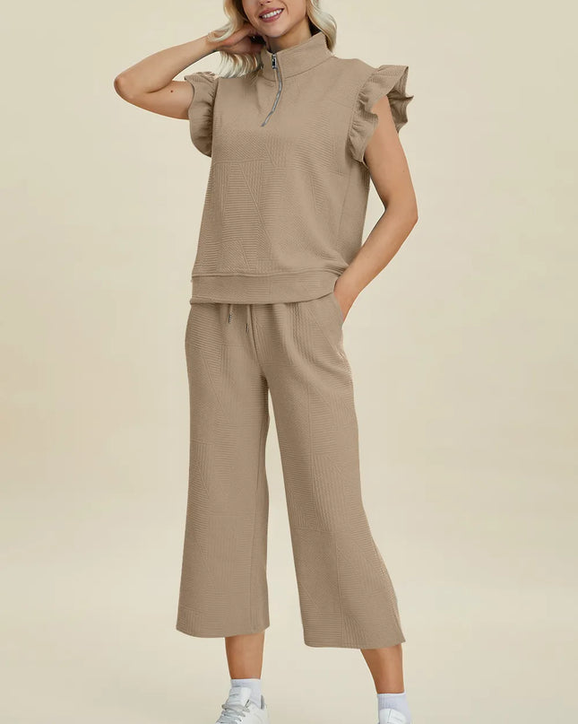 Double Take Full Size Texture Ruffle Short Sleeve Top and Wide Leg Pants Set