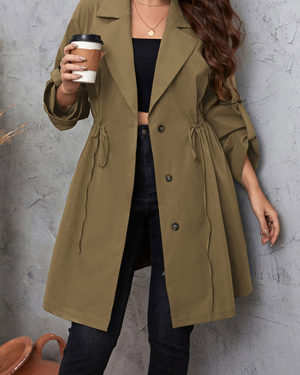 Honey Plus Size Lapel Collar Drawstring Roll-Tab Sleeve Trench Coat