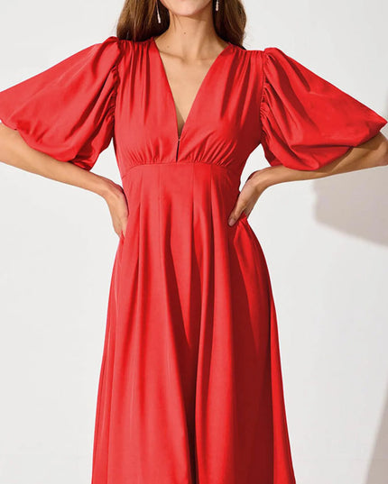 V-Neck Puff Sleeve Midi Dress