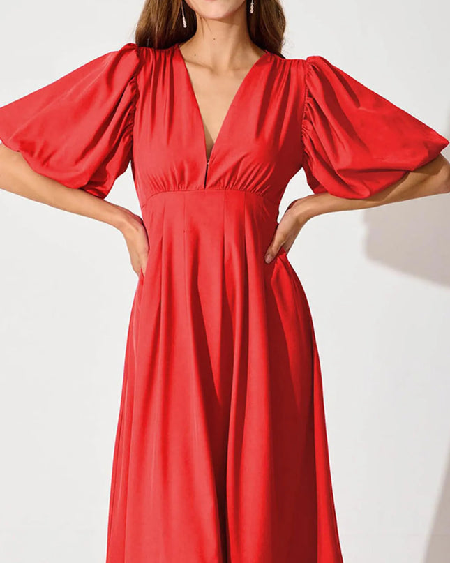V-Neck Puff Sleeve Midi Dress
