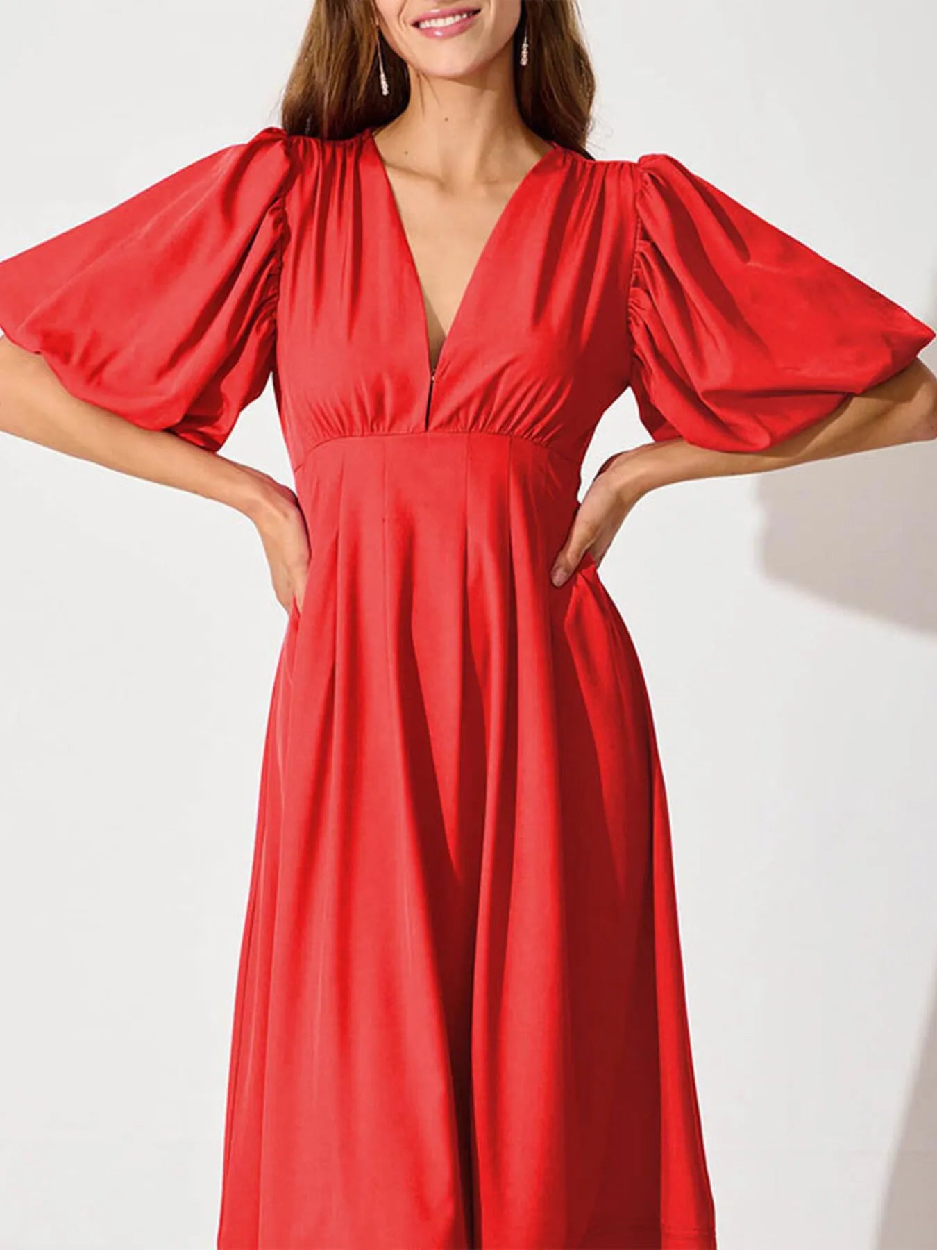 V-Neck Puff Sleeve Midi Dress