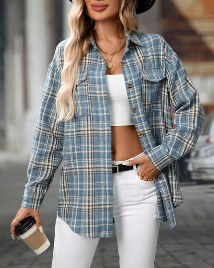 Oversized Plaid Button-Up Shirt Air Force Blue