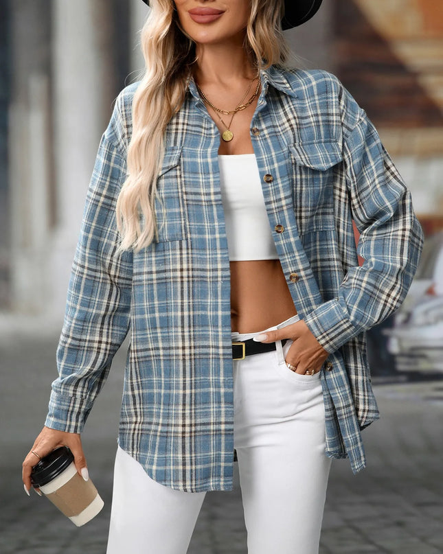 Oversized Plaid Button-Up Shirt Air Force Blue