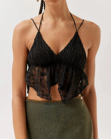 Lace Cropped Cami with Flowy Hem Black