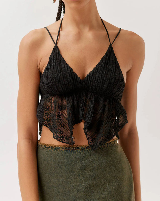 Lace Cropped Cami with Flowy Hem Black