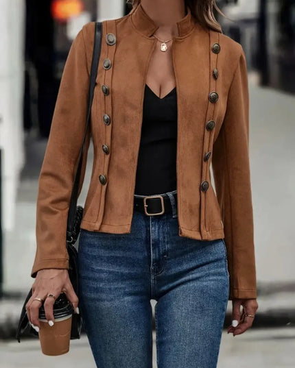 Decorative Button Open Front Long Sleeve Jacket Brown